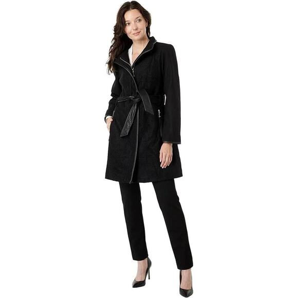 NEW Vince Camuto Women's Large Belted Wool Blend Midi Trench Coat Winter Black - Picture 1 of 11